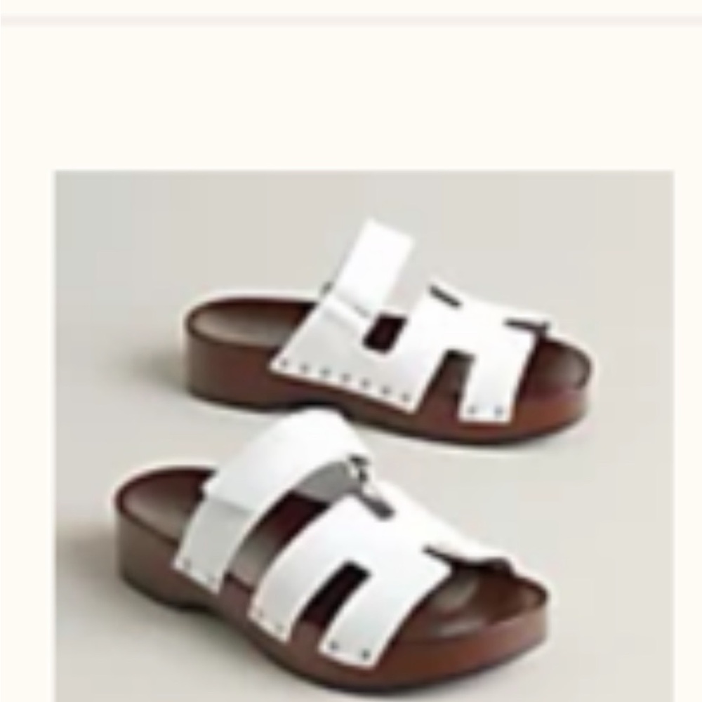 Hermes White Leather Slide Sandals with Brown Footbed